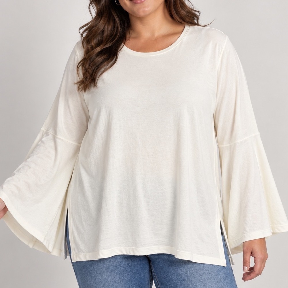 Crown & Ivy 1X Ivory Bell Sleeve Tunic Top Soft Rayon Blend Minimalist